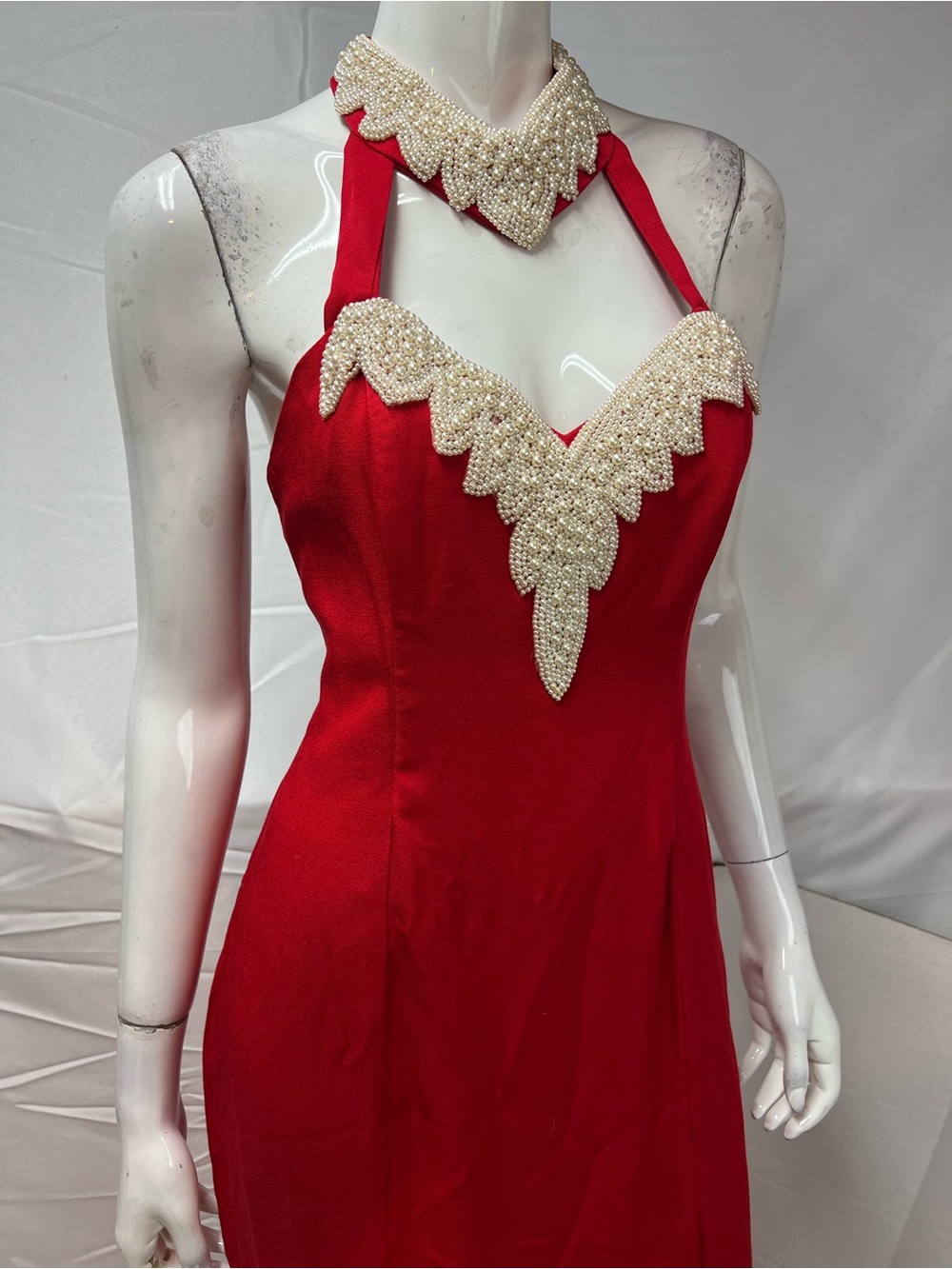Vintage Women's 12 Red Halter Faux Pearl Embellished Long Slits 80s Gown Dress - Picture 4 of 9